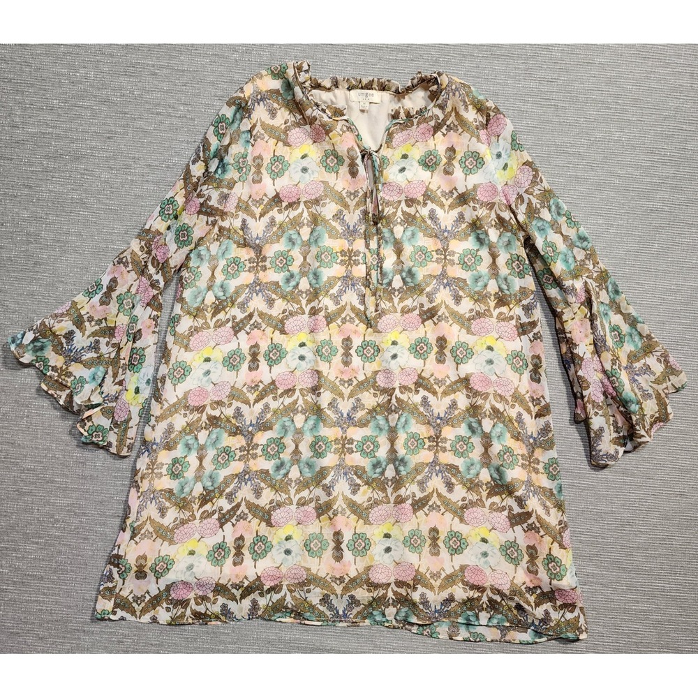 Umgee Boho Floral Bell Sleeve Tunic Top‎ Pink Teal Yellow M